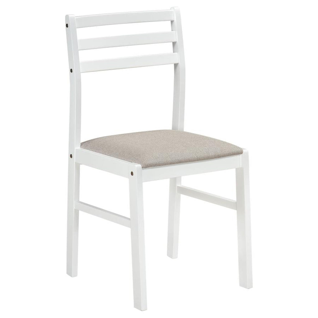 3 Piece Drop Leaf Dining Set, Round White Table with 2 Ladder Back Chairs, Beige Cushioned Seats, Rubberwood