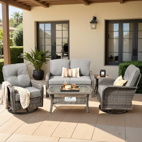 5-Piece Wicker Outdoor Patio Furniture Set - Swivel | Gray for Backyard, Garden & Porch
