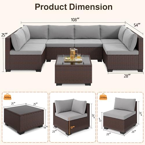 7-Piece PE Rattan Outdoor Patio Furniture Set | Grey for Backyard, Garden & Porch