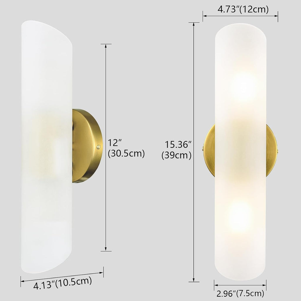 Modern Brass Wall Sconces Set of Two Frosted Glass Wall Light Fixture 2-Light Cylinder Bathroom Vanity Lights Gold