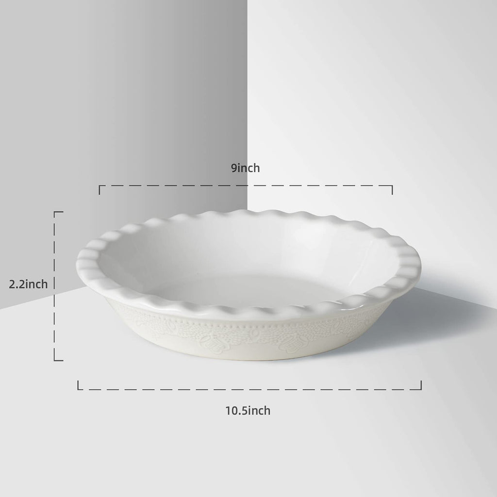 Pie Pan, 9 Inch Ceramic Pie Dish, Deep Dish Pie Pan with Lace Emboss, Ruffled Pie Plate for Baking, Thanksgiving