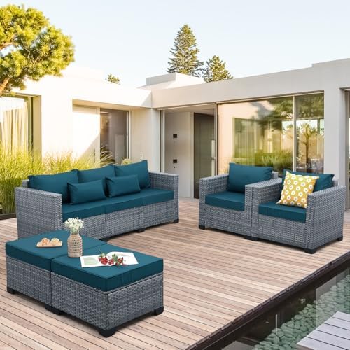 5-Piece Wicker Outdoor Patio Furniture Set - Conversation | Peacock Blue All-Weather Resistant for Patio, Garden & Porch