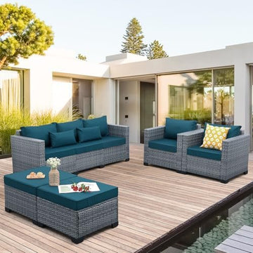 5-Piece Wicker Outdoor Patio Furniture Set - Conversation | Peacock Blue All-Weather Resistant for Patio, Garden & Porch