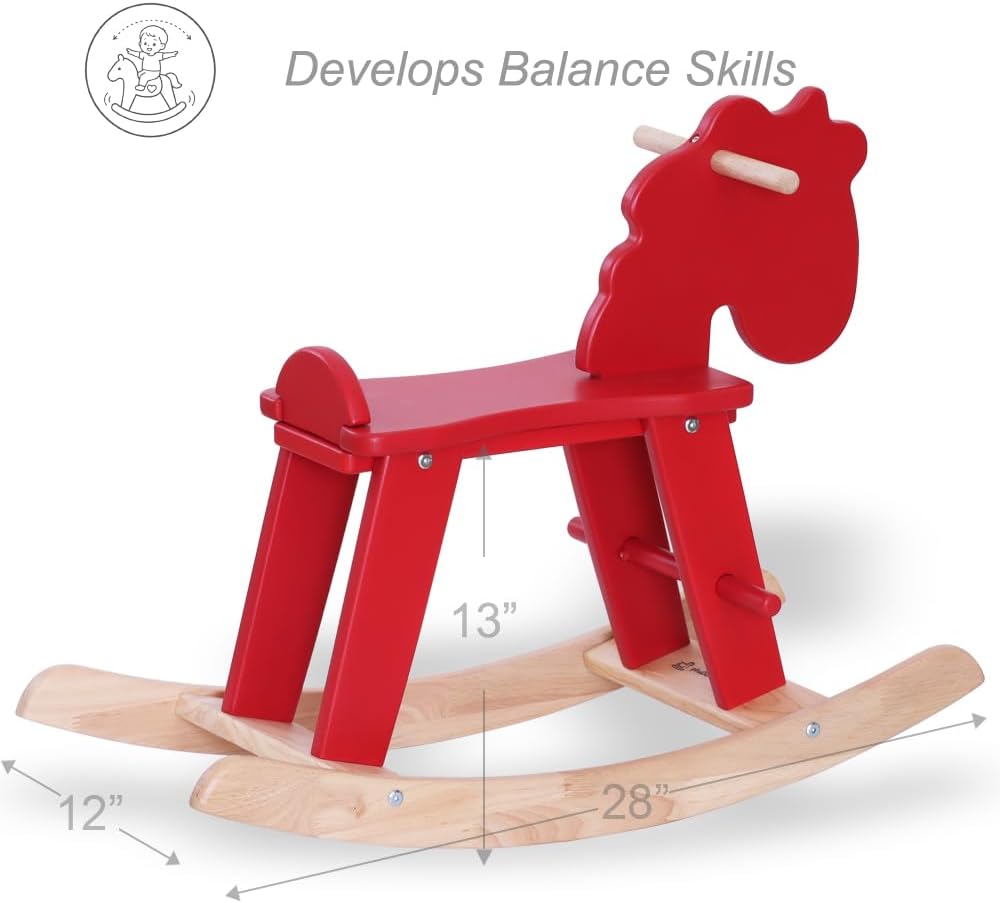 Red Wooden Rocking Horse for Preschool (Ages 3-6) - Solid Rubber Wood, Safe & Comfortable Footrest, Supports Physical