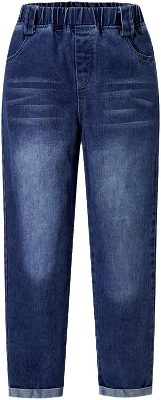 Tween Boys' Jeans Slim Fit Tapered Leg Pull On Kids Elastic Waistband Denim Pants with Pockets