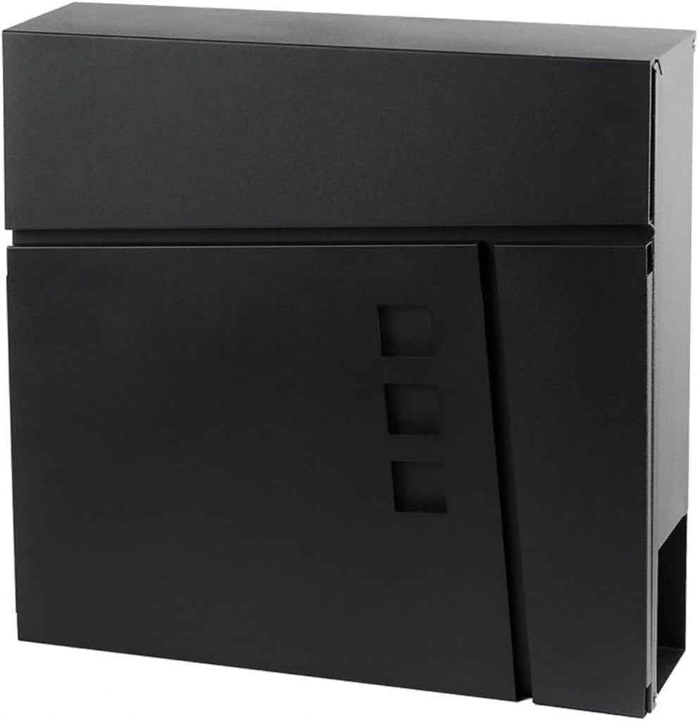 Modern Wall Mounted Outdoor Mailbox - 14" x 14" Black Galvanized Steel Mailbox with Newspaper Holder & 2 Security Keys