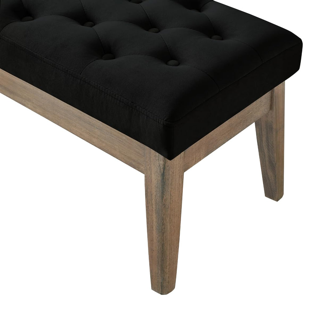 Velvet Upholstered Buttons Tufted Entryway Bench with Solid Wood Leg, Bed Bench Ottoman with Padded Seat, 5034-Black