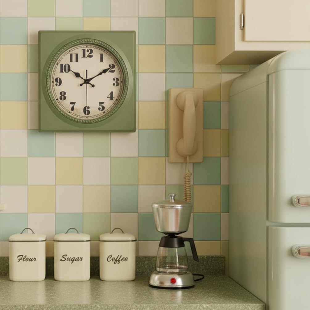Vintage Wall Clock 1950s Style - Retro 50's Mid Century Square Wall Clocks Battery Operated for Kitchen Living Room