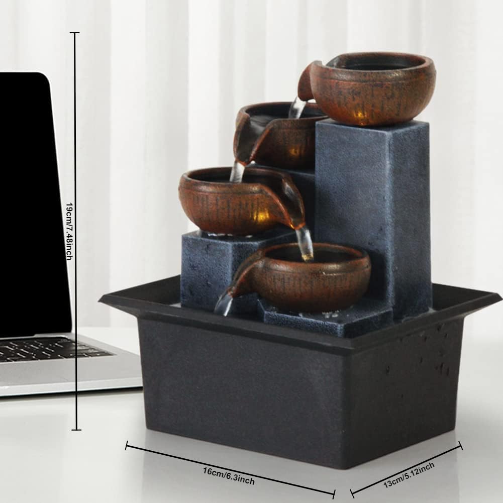 Indoor Desktop Fountain 4-Tier Desktop Fountain with Warm LED Lights & 3-Speed Adjustable Pump - Ideal for Bedrooms