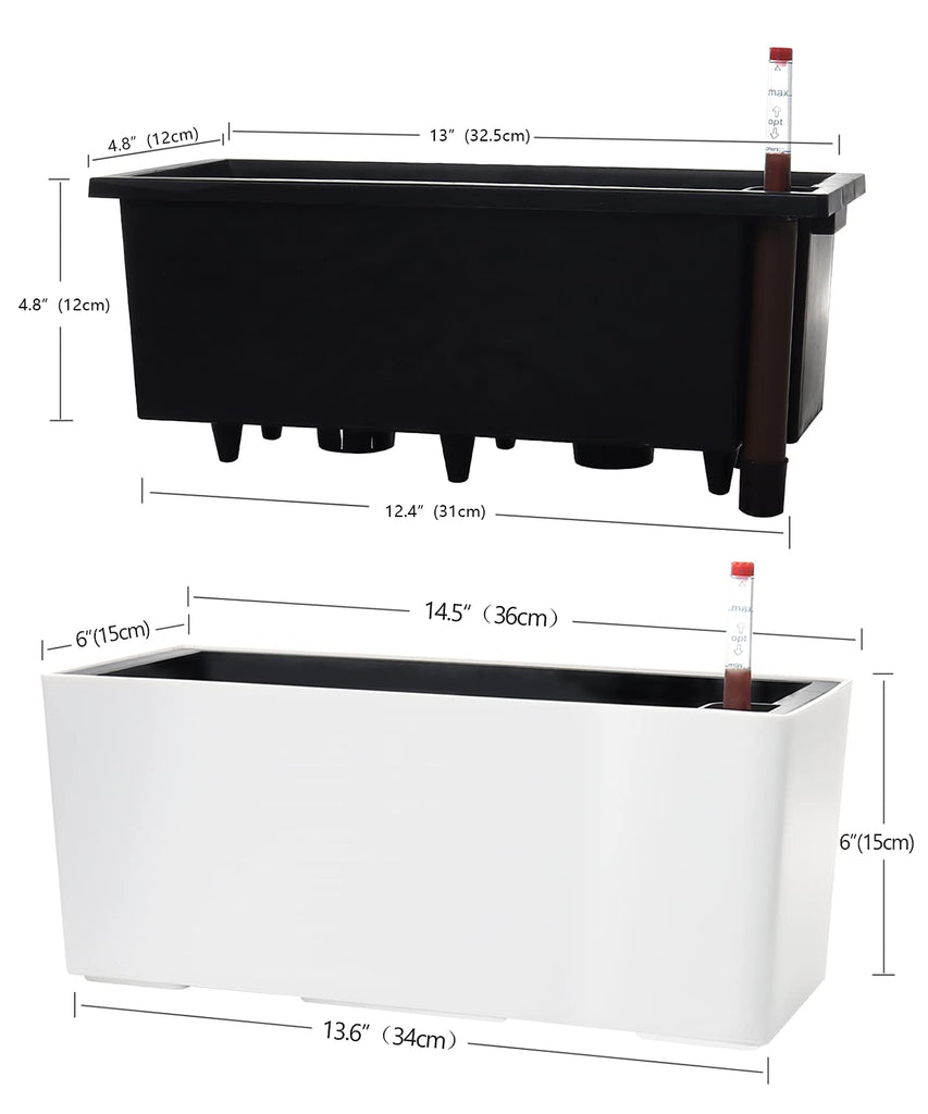 14" Self Watering Planter Pots with Water Level Indicator, Rectangle Matte Plastic Window Box for Indoor Outdoor
