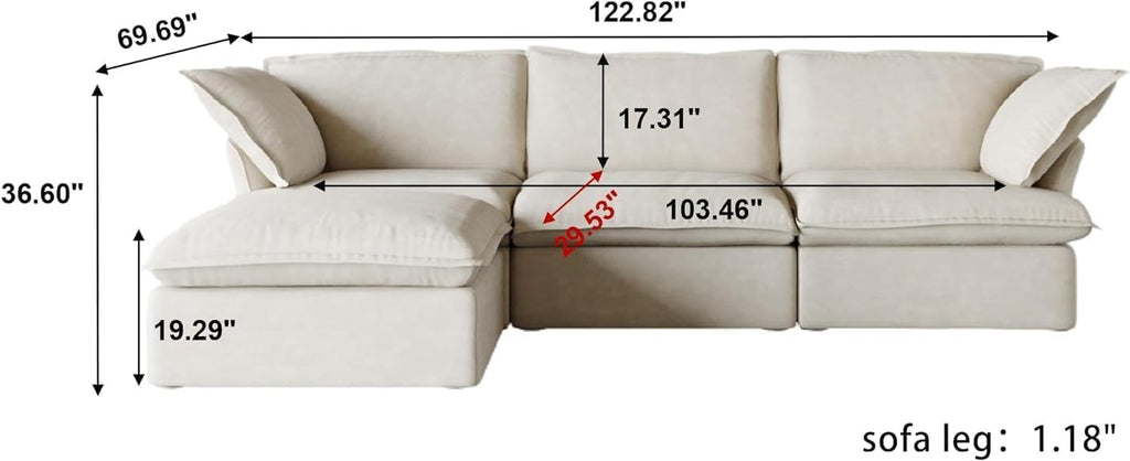 L Shape Modular Couches, Deep Couch Sectional Couch with Chaise Ottoman, Modern Comfy Cloud Sectional Sofas, Cushion Covers Removable, Two Corners and A Middle Sofa for Living Room (Beige) A124-B0D3TGP9MV