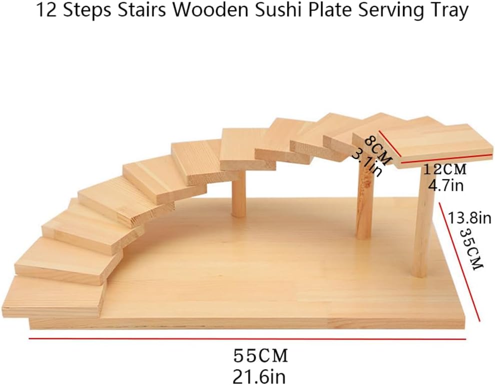 Japanese Wooden Sushi Plate Serving Tray, 12 Steps Stairs Creative Rotating Meat Plate Dish Sushi Sashimi Serving