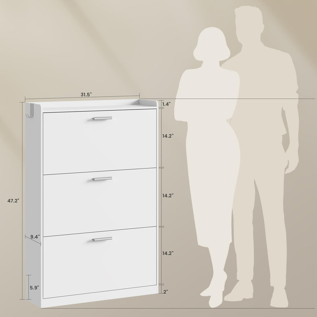 Shoe Cabinet Organizer with 3 Flip Drawers, Narrow Shoe Rack 31.5" W White