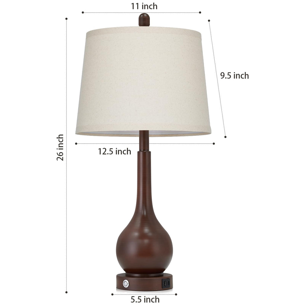 26" Brown Table Lamps Set of 2, Touch Control Bedside Lamps Nightstand, 3-Way Dimmable Farmhouse Lamp with Charging