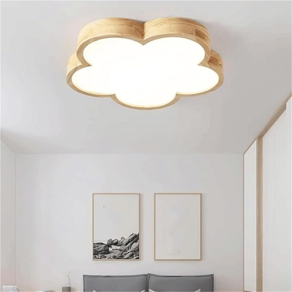 Nordic Modern LED Ceiling Light, Cute Cloud Shape Wooden Flush Mount Lamp, Ultra-Thin Acrylic & Natural Wood Grain