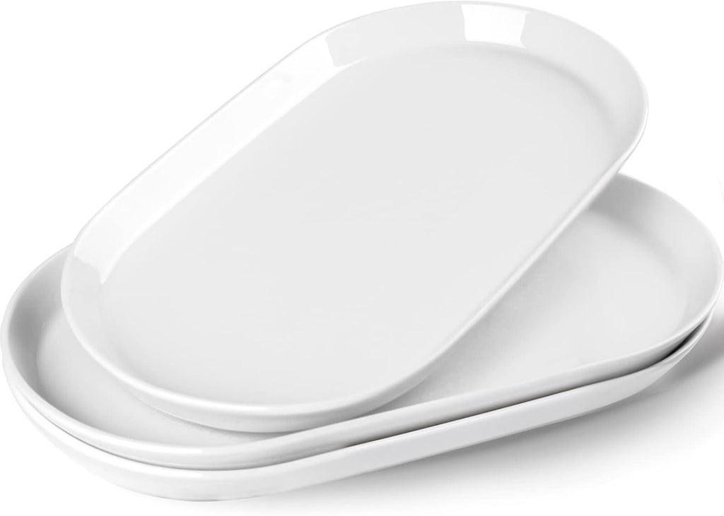 14" Oval Serving Platter Set of 3 - Ceramic Large White Platters for Entertaining Party, Serving Plates for Turkey
