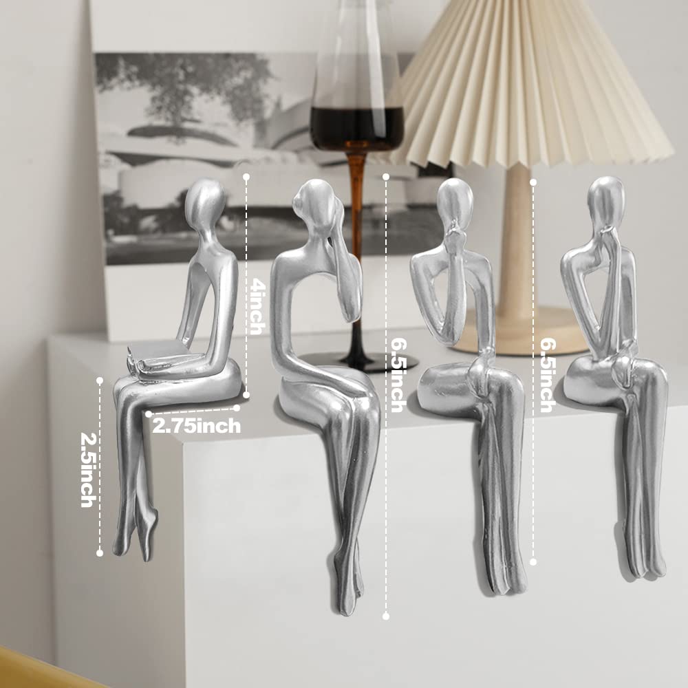 Silver Accent Decor Thinker Statuem, Statues Decorations Abstract Sitting Thinker Desk Sculpture Table Decor 4 Piece