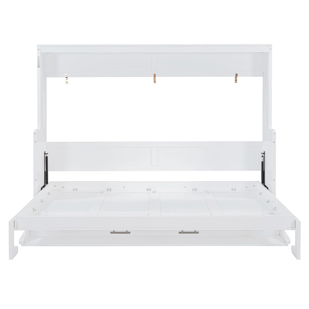 Queen Size Murphy Bed, Wood Murphy Wall Bed with Hydraulic Lift & Desk Design, White