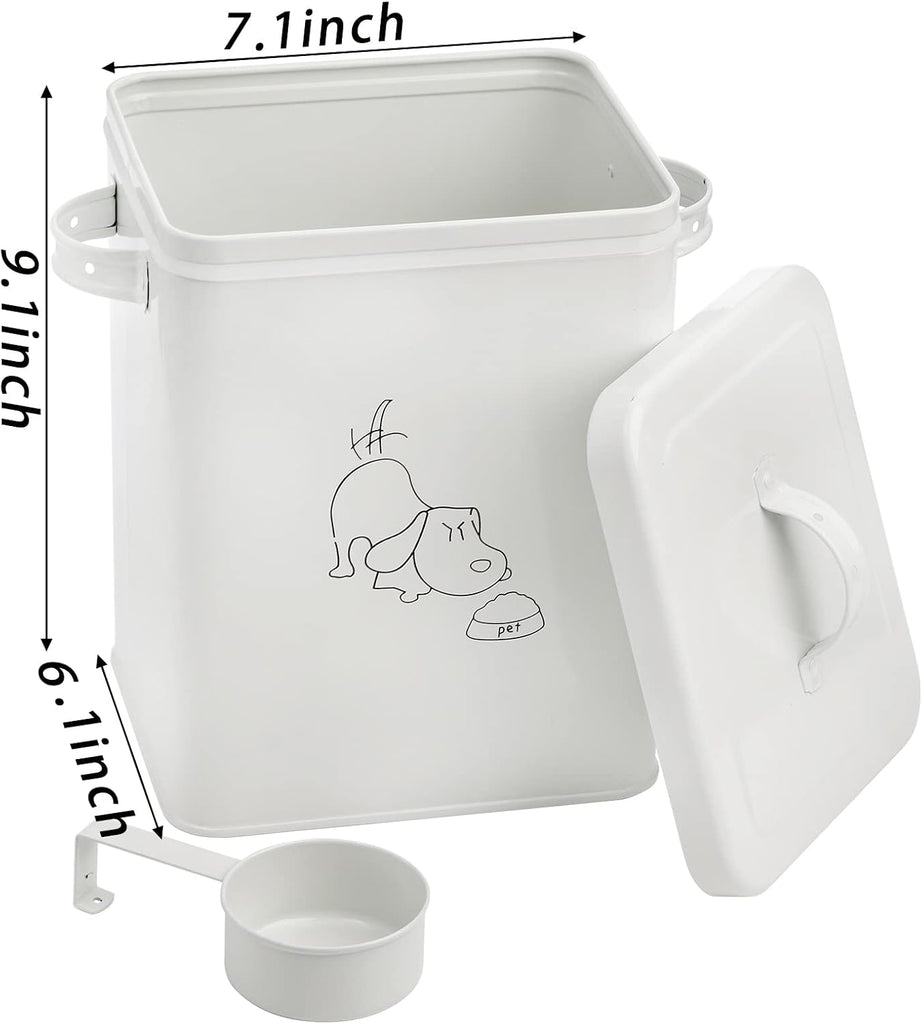 Pet Treat and Food Storage Bin with Lid and Scoop, 5LBS White Vintage Farmhouse Storage Tin, Coated Carbon Steel