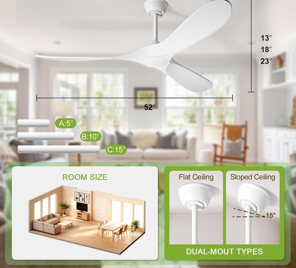 Inspired Maverick Style 52 Inch White Ceiling Fan with Light and Remote - 3 Solid Wood Blades, Dimmable LED, 6-Speed Quiet DC Motor