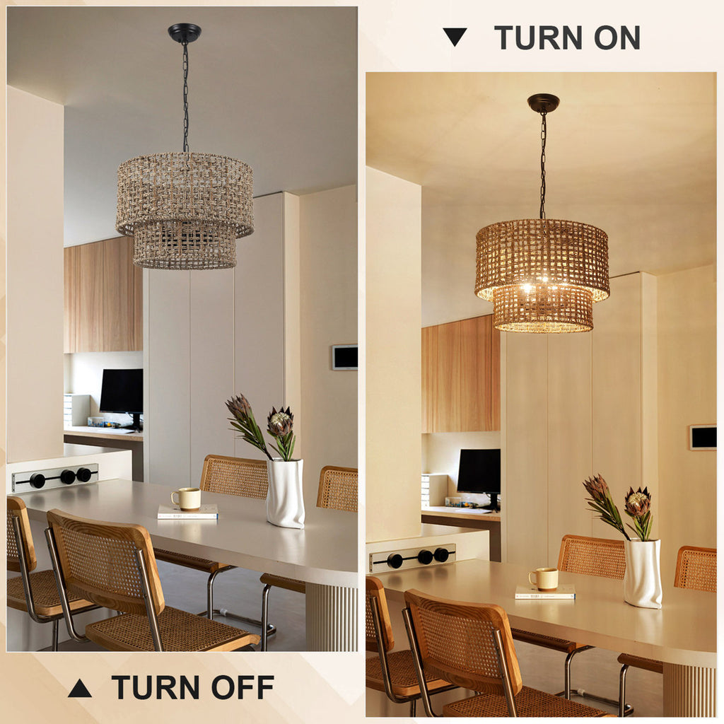 5-Light Bohemian Natural Rattan Tiered Drum Chandelier with Adjustable Height and Dimmable