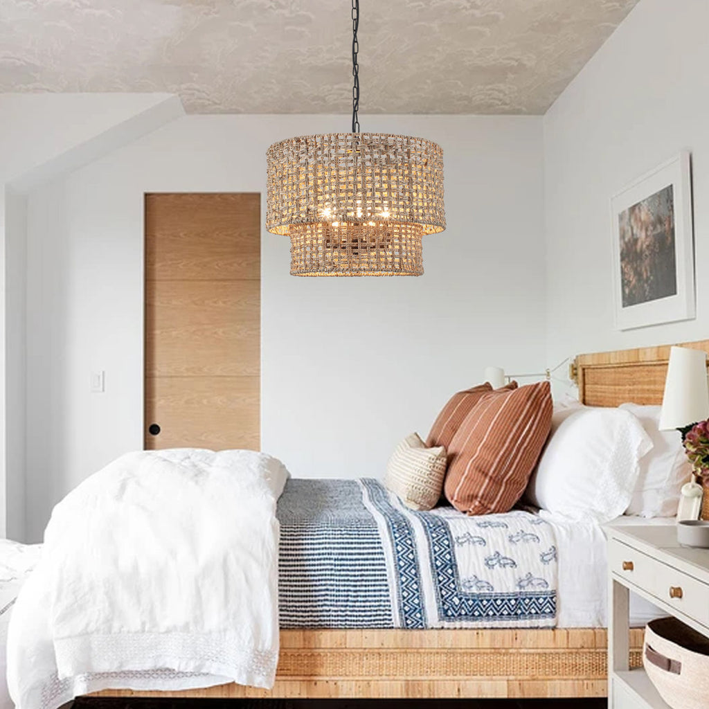 5-Light Bohemian Natural Rattan Tiered Drum Chandelier with Adjustable Height and Dimmable