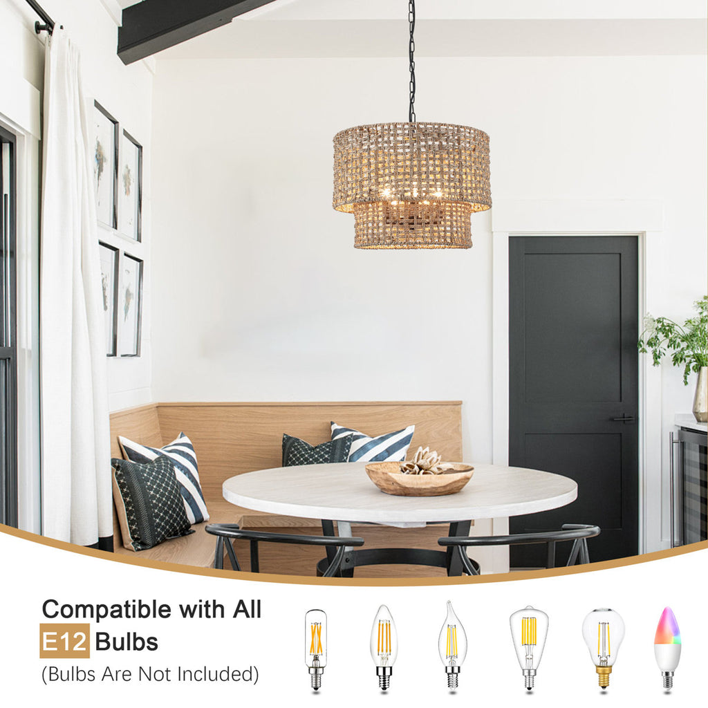 5-Light Bohemian Natural Rattan Tiered Drum Chandelier with Adjustable Height and Dimmable
