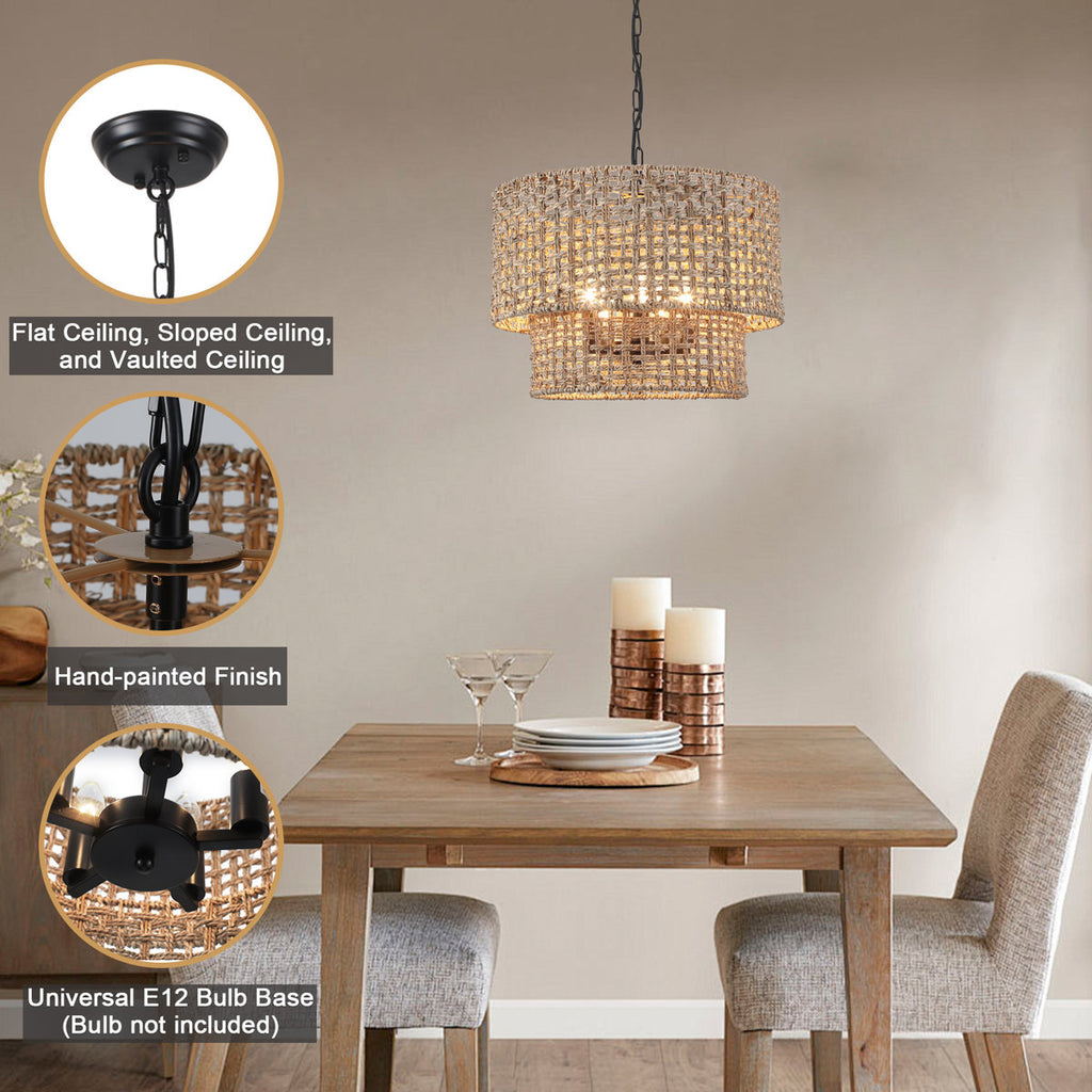 5-Light Bohemian Natural Rattan Tiered Drum Chandelier with Adjustable Height and Dimmable