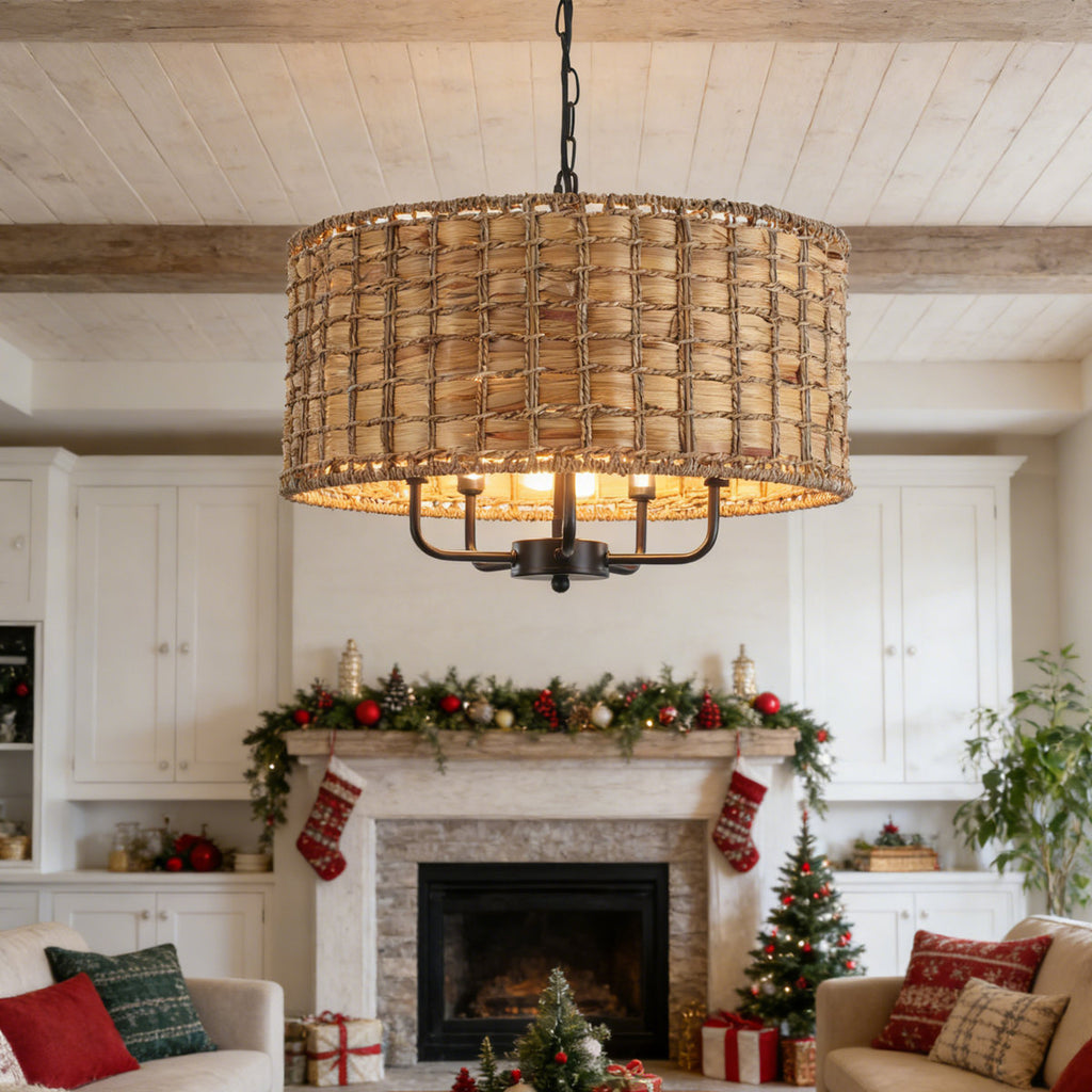 5-Light Bohemian Natural Rattan Tiered Drum Chandelier with Adjustable Height and Dimmable