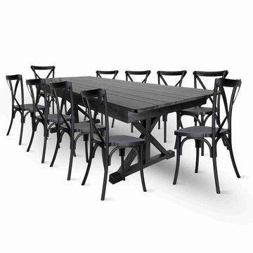 Black X-Leg Farm Table Dining Set Set with 10 Chairs