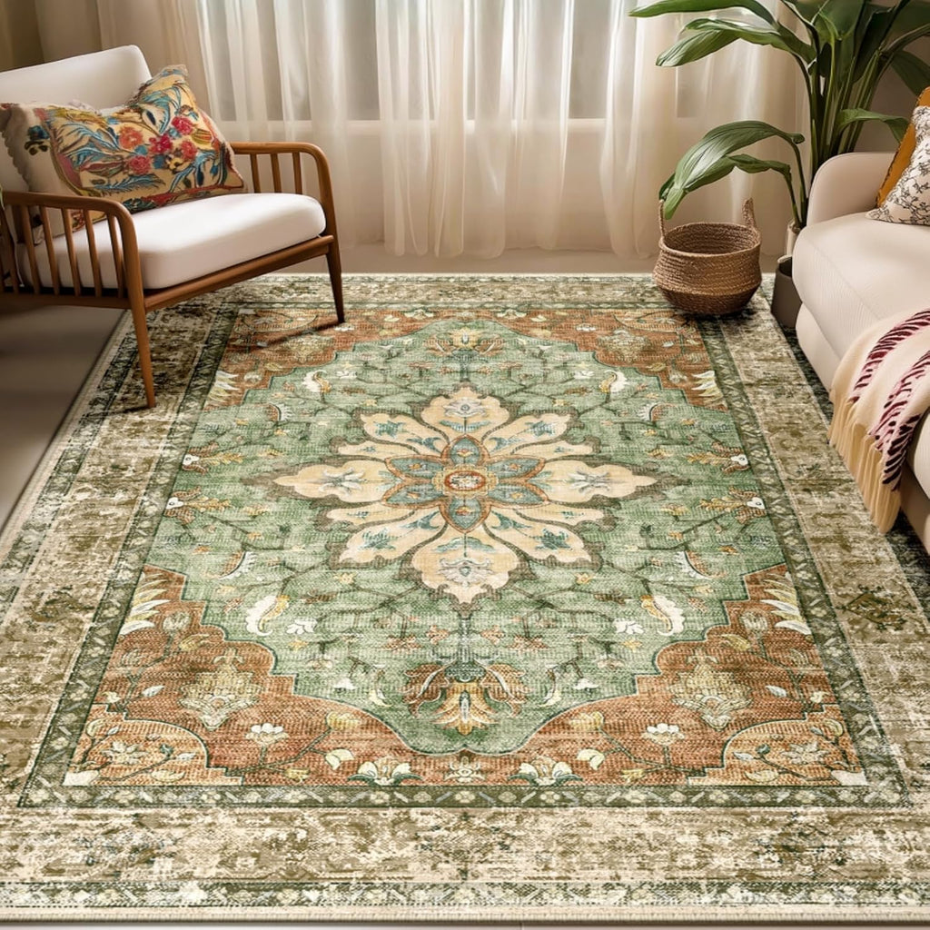 Area Rugs Washable Non-Slip, Floral Vintage Distress Print Pattern Medallion Carpet for Living Room Bedroom Dining Room