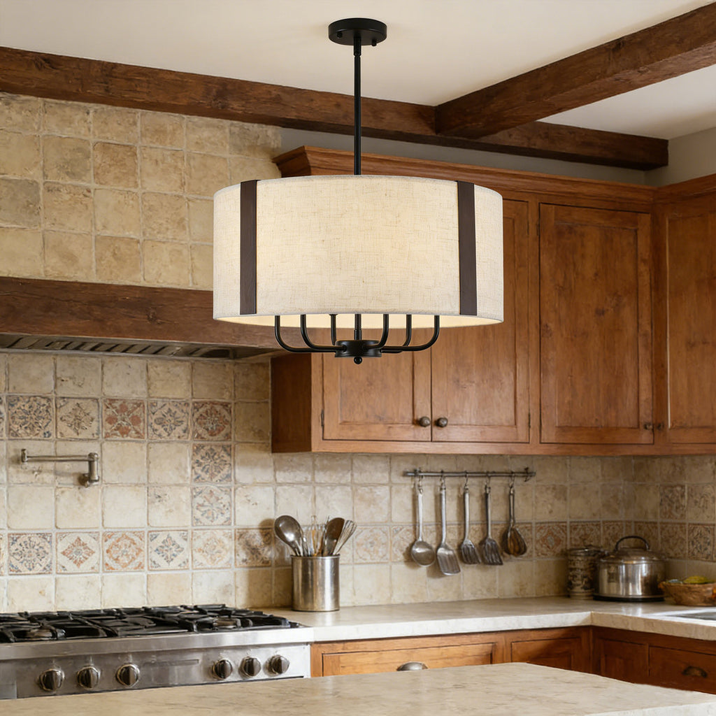 6-Light 20 Inch Farmhouse Dimmable Drum Chandelier Light Fixture With Fabric Shade For Dining Room Kitchen Living Room