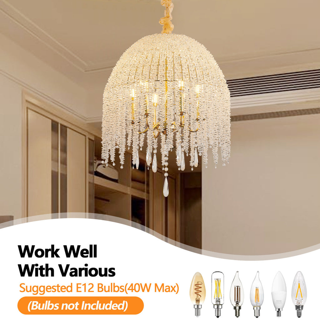6-Light Chandelier In Gold With Crystal Beads And Waterfall Design, 20 Inches