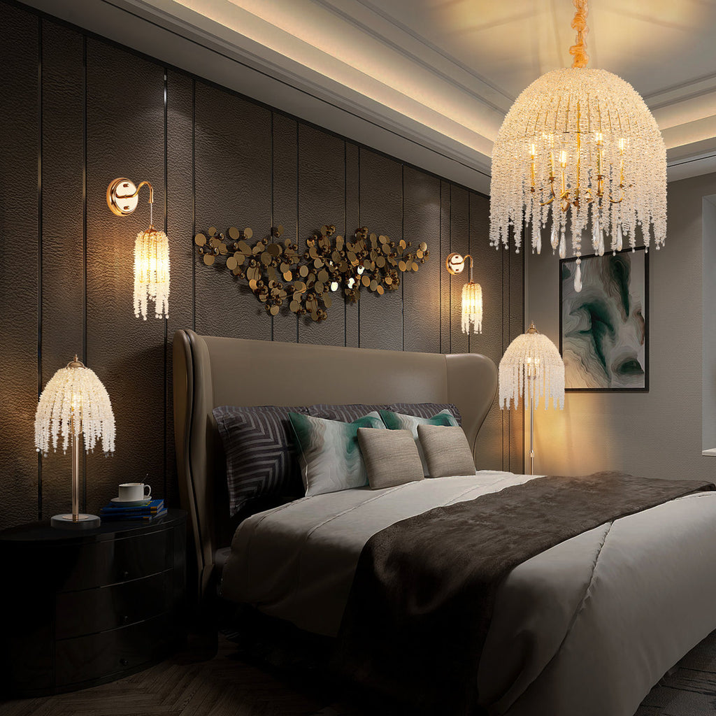 6-Light Chandelier In Gold With Crystal Beads And Waterfall Design, 20 Inches