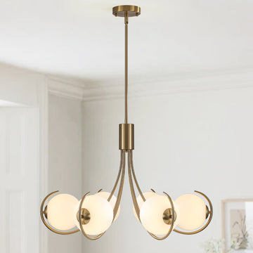 6-Light Modern Farmhouse Sputnik Chandelier With Milk White Globe Glass Shade For Dining Room Living Room Kitchen Island Foyer