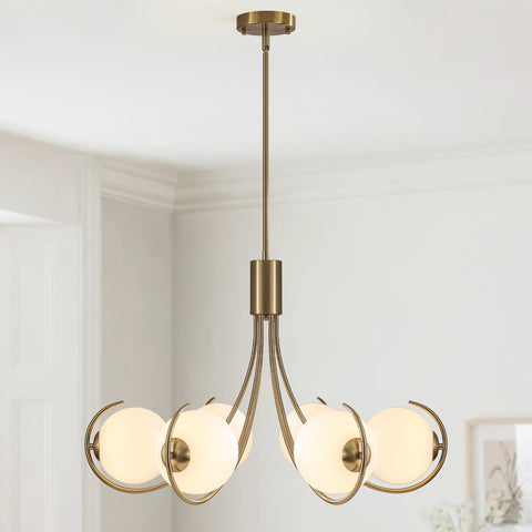 6-Light Modern Farmhouse Sputnik Chandelier With Milk White Globe Glass Shade For Dining Room Living Room Kitchen Island Foyer