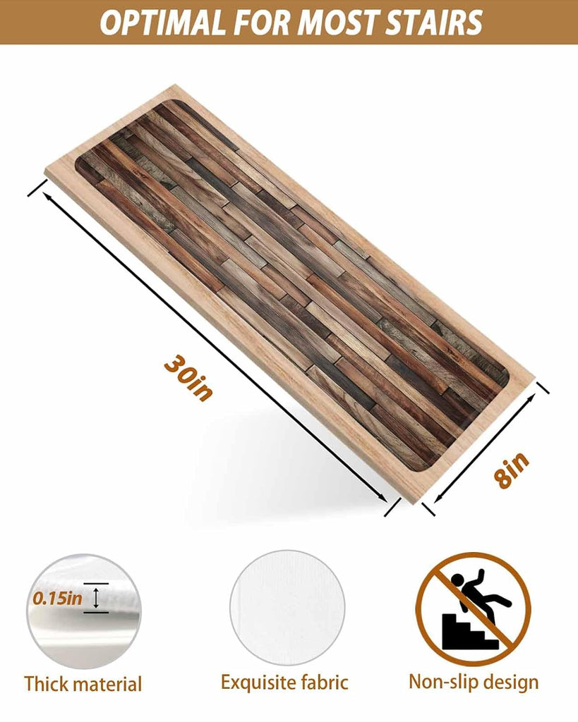 Brown Wood Grain Stair Treads Farmhouse Vintage Wooden Board Patchwork Indoor Non Slip Peel and Stick Stair Treads