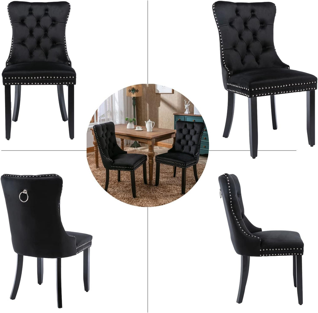 Black Velvet Dining Chairs Set of 4, Upholstered Dining Room Chairs with Back Ring Pull Trim and Solid Wood Legs