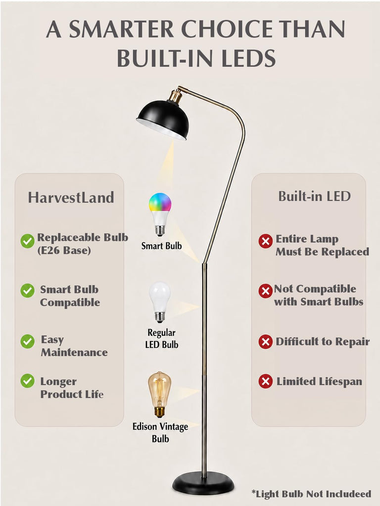61" Halo Brass Black Floor Lamp, Adjustable Head Reading Lamp
