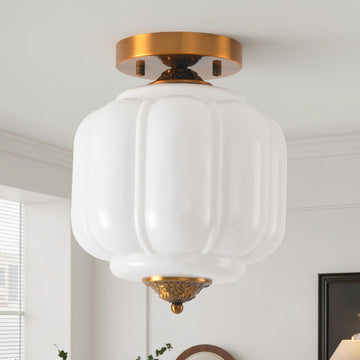 9in Milk Glass Light Fixture Semi Flush Mounted, Bulb Included
