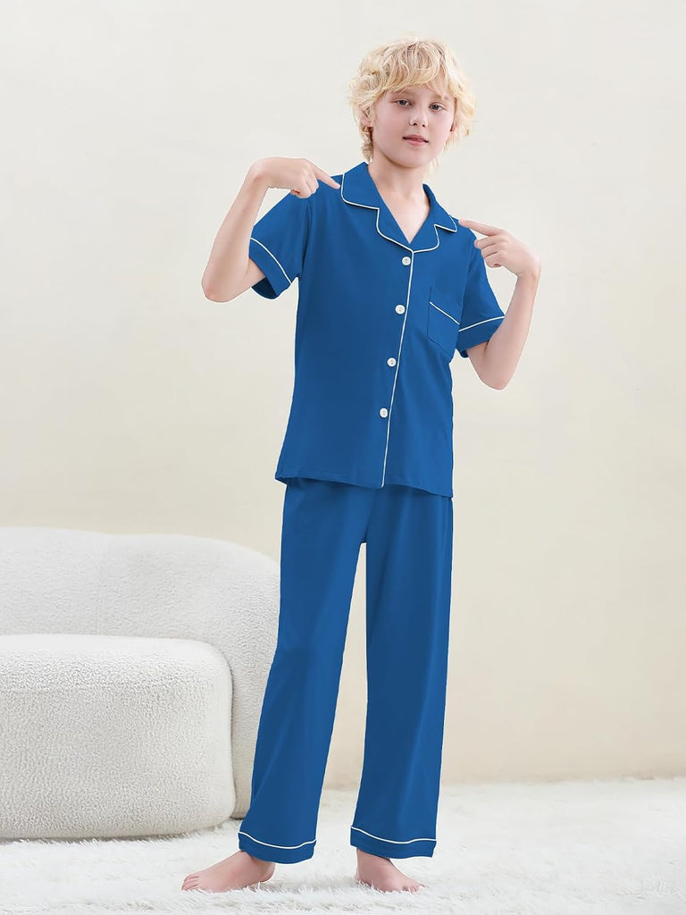 Boys 100% Cotton Pajamas Short Sleeve and Long Pants Piece PJ Set