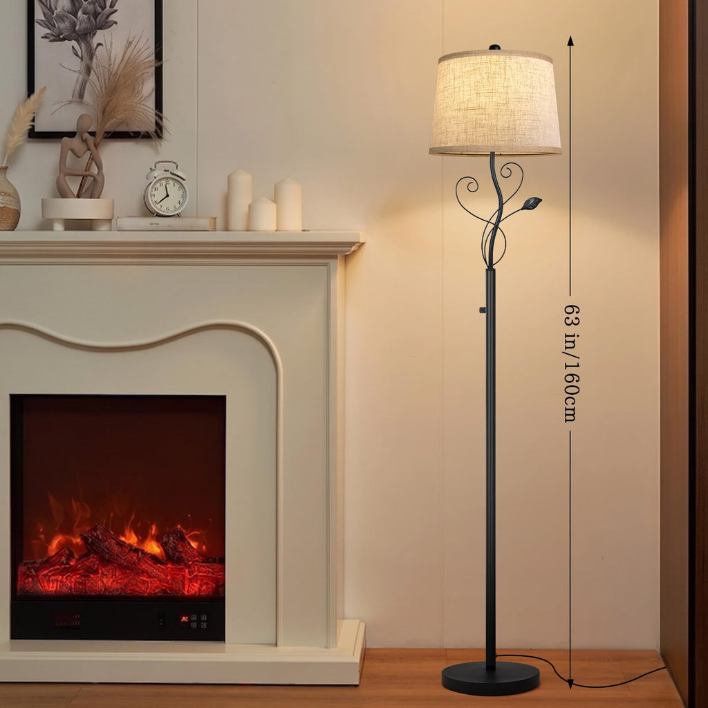 63'' Rustic Floor Lamps Decor with Rotary Dimmer, Black Leaf Tall Lamp with Linen Sade Dimmable Bulb Included