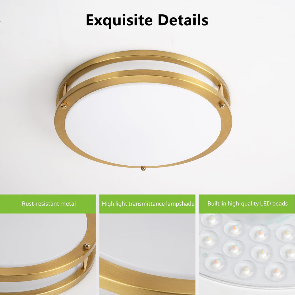 13inch LED Flush Mount Ceiling Light Fixture Dimmable Gold, Easy Install LED Ceiling Lamp Fixture Without Flicker