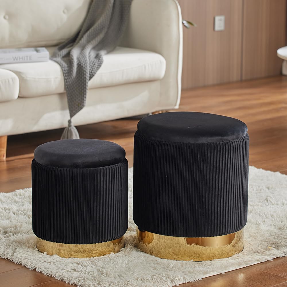 Round Ottoman with Storage Set of 2 Black Velvet Vanity Stool | Upholstered,Small Ottoman Coffee Table,Removable