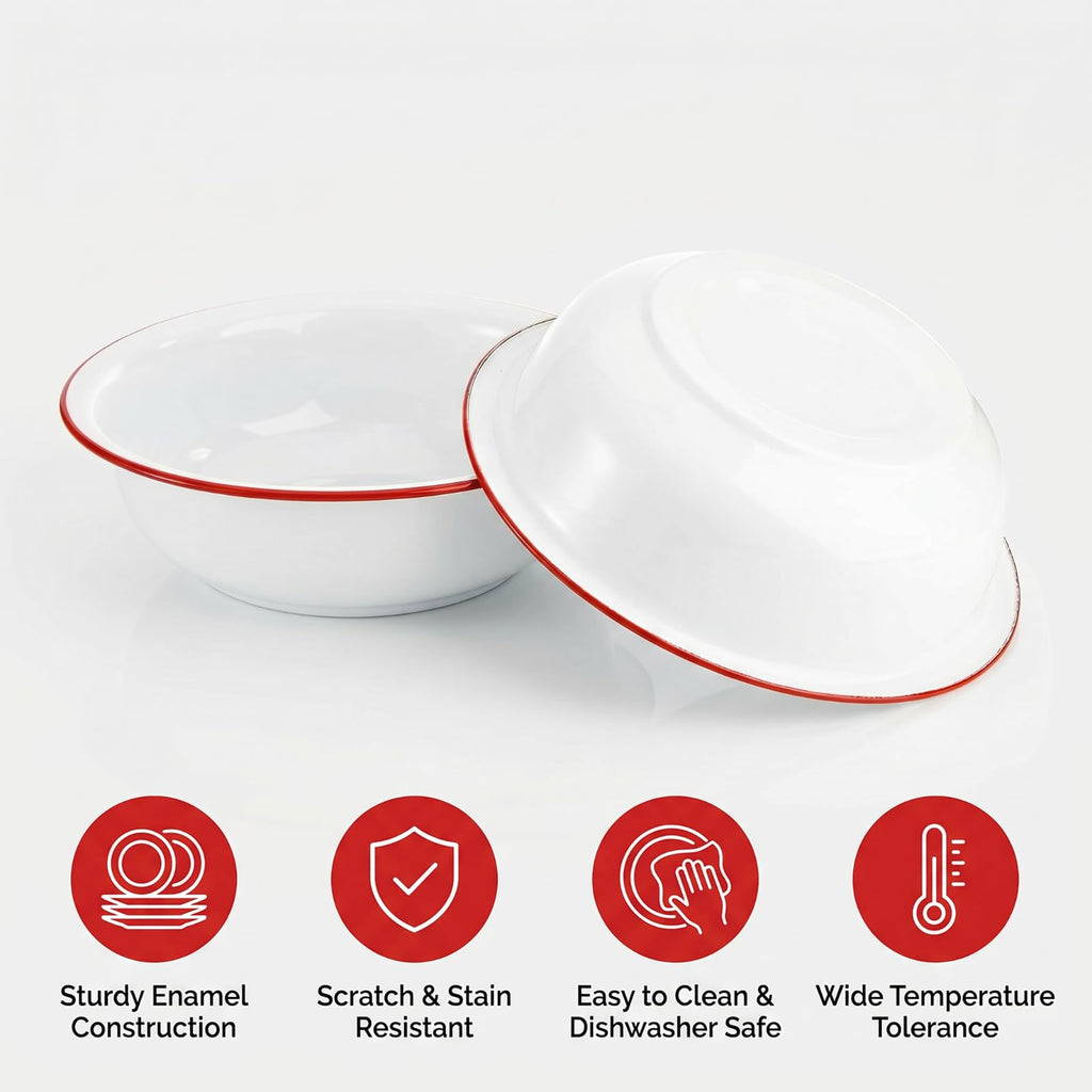 2 Pack 3 Quart Large Enamel Serving Bowl, 11" Unbreakable Vintage Metal Enamel Mixing Bowl, White and Red Kitchen