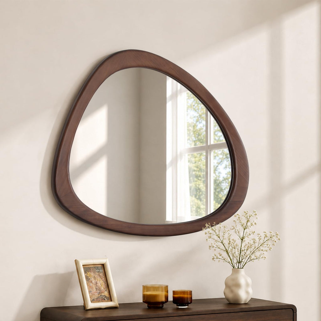 19" H x 23"W Asymmetrical Mirror, Irregular Wooden Wall Mirror - Mid-Century Modern Decorative Mirror, Solid Wood
