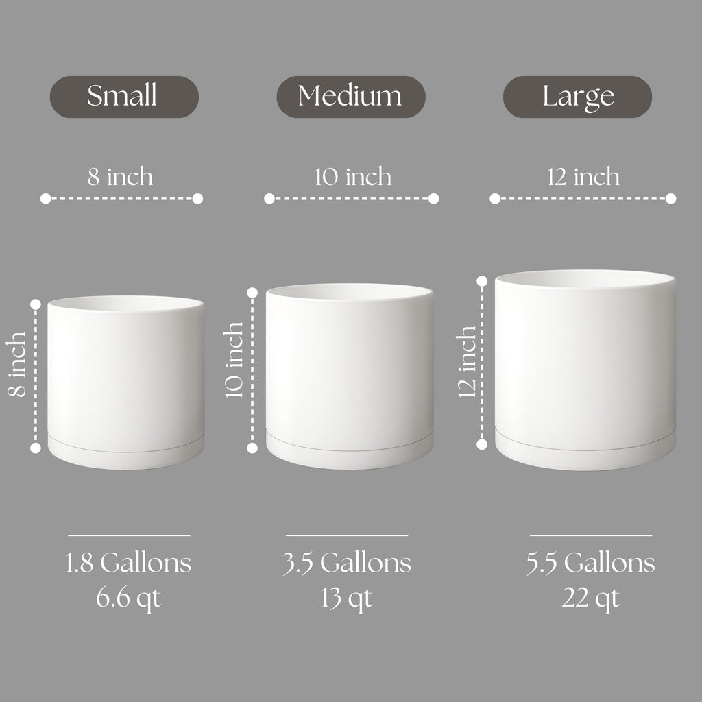 Cylinder Plant Pots 12/10/8 Inch Set of 3, Modern Round Planters with Drainage Holes and Saucers, Durable Plastic