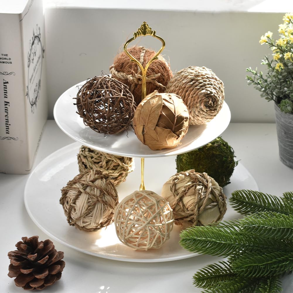 Decorative Filler Balls for Centerpiece , Decorative Wicker Rattan Balls Natural Tones Vase & Bowl Fillers - Set of 8