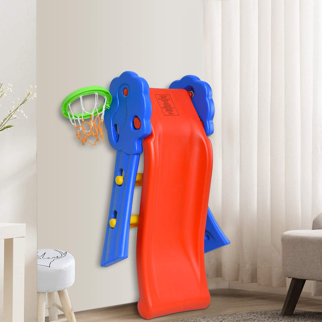 Folding Slide, Indoor First Slide Plastic Play Slide Climber Kids (Floral Rail +Basketball Hoop)