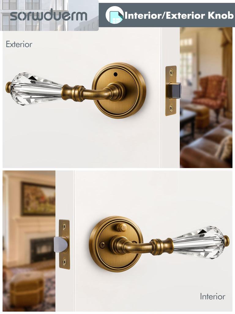 1 Pack Antique Brass Glass Door Lever Privacy Crystal Door Levers Door Lever Interior Door Handle ,Zinc Alloy